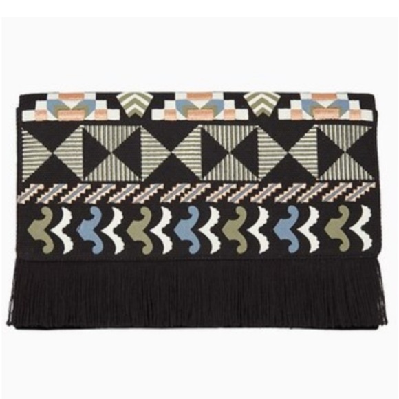 Stella & Dot Taj Clutch Cotton Credit Card Slots Snap Closure Black Embroidery - Picture 2 of 11